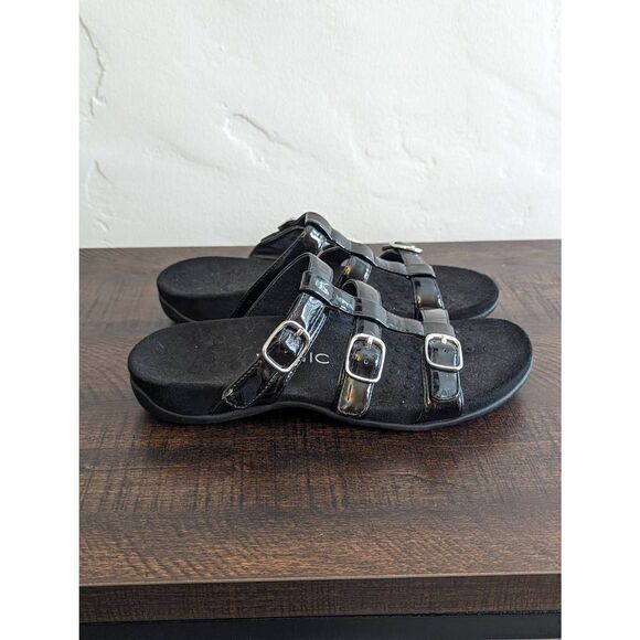 Vionic Misa Black Leather Strappy Buckled Slide Sandals - Size 7 - Picture 1 of 8